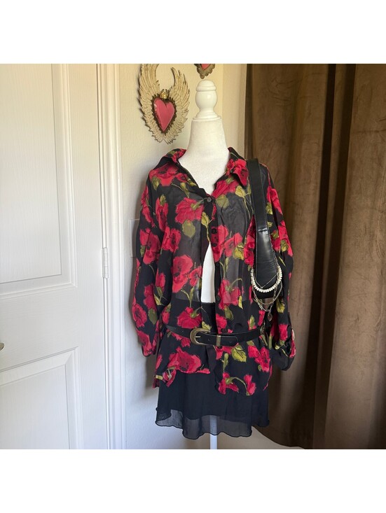 Chico's Tops - Vintage Chico's Red Floral Whimsical Sheer Button-Up Fall Layering Cottagecore